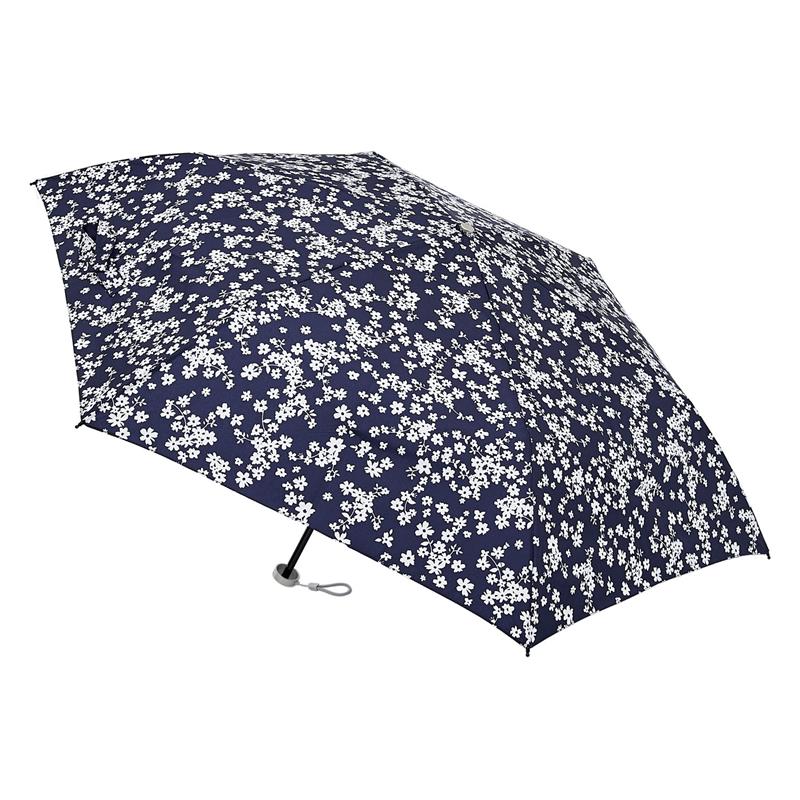 晴雨兼用 3秒で折りたためる傘 フラワー ネイビーブルー