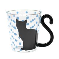 マグカップ ネコ 黒猫/ドット ブルー 耐熱グラス 【在庫なくなり次第　取扱い中止】